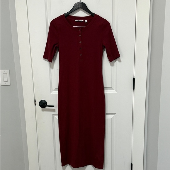 Calvin Klein Jeans Womens Ribbed Burgundy Midi Quarter Length Sleeve Dress Small - Picture 2 of 9
